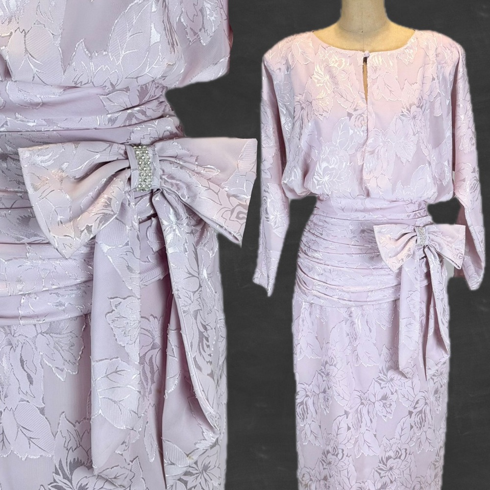 VINTAGE 80s lilac damask floral formal dress rhinestone bow‎ drop ruched wait